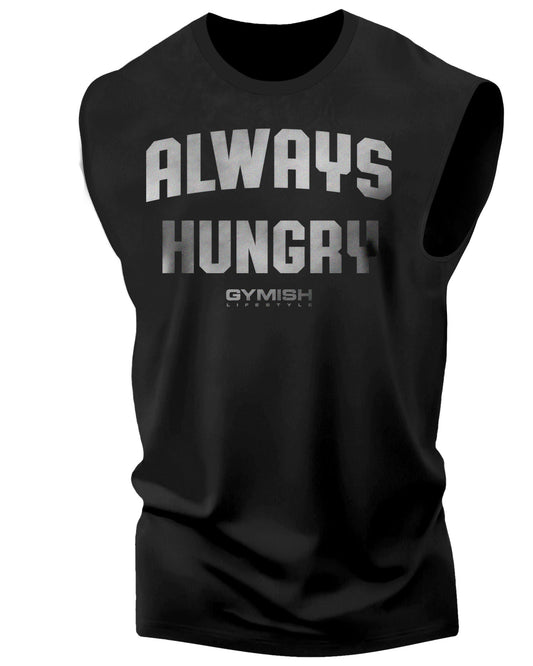 004. Always Hungry Workout Muscle Tank Top for Men Silver On Black T-Shirt GYMISH LIFESTYLE