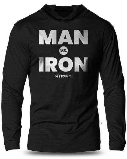 042- Man Vs. Iron Lightweight Long Sleeve Hooded T-shirt for Men - Gymish - - #Gym Shirts# - - #Workout T-Shirts#