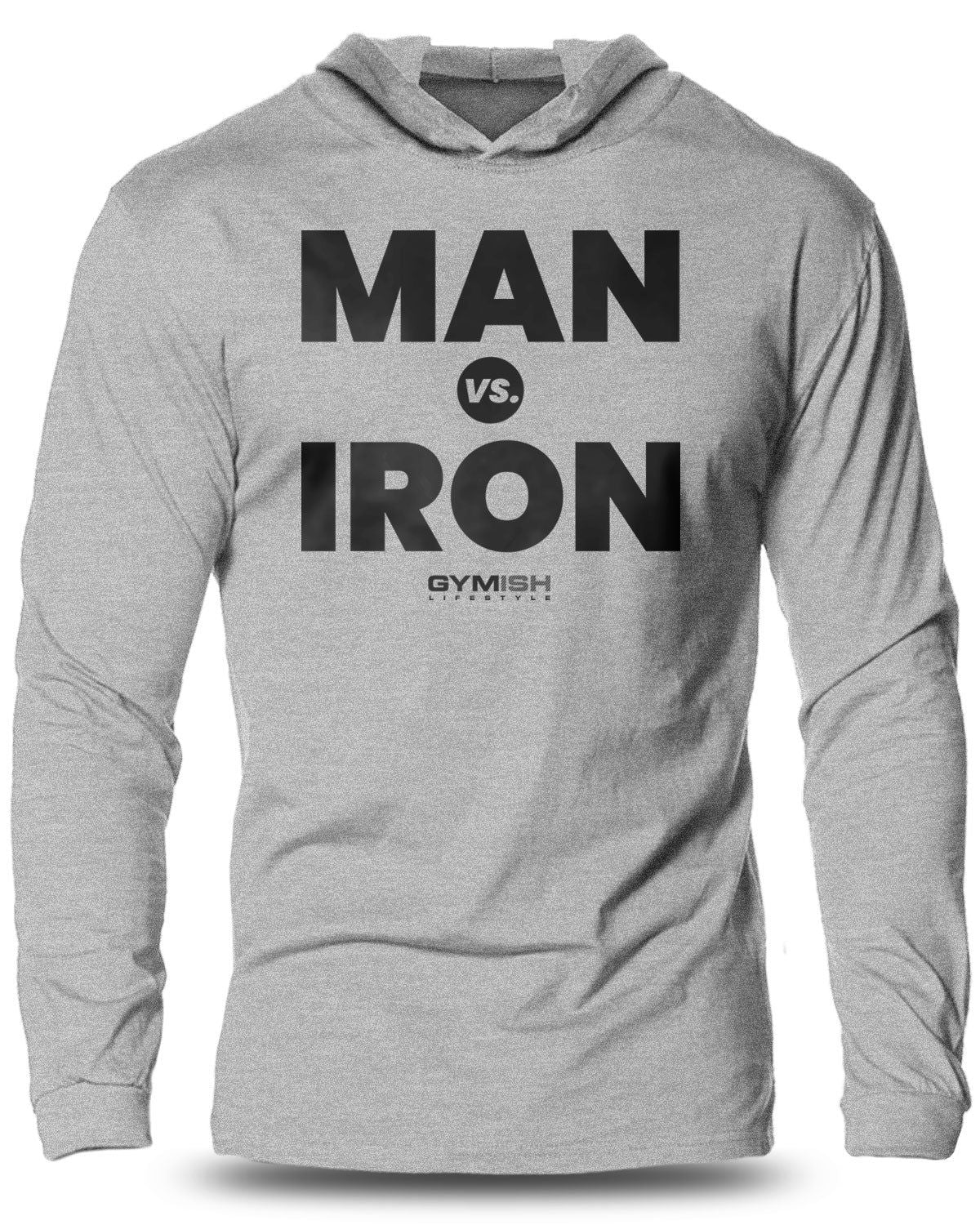 042- Man Vs. Iron Lightweight Long Sleeve Hooded T-shirt for Men - Gymish - - #Gym Shirts# - - #Workout T-Shirts#