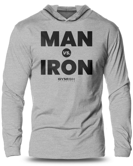 042- Man Vs. Iron Lightweight Long Sleeve Hooded T-shirt for Men - Gymish - - #Gym Shirts# - - #Workout T-Shirts#