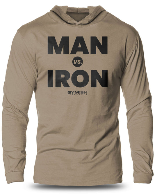 042- Man Vs. Iron Lightweight Long Sleeve Hooded T-shirt for Men - Gymish - - #Gym Shirts# - - #Workout T-Shirts#
