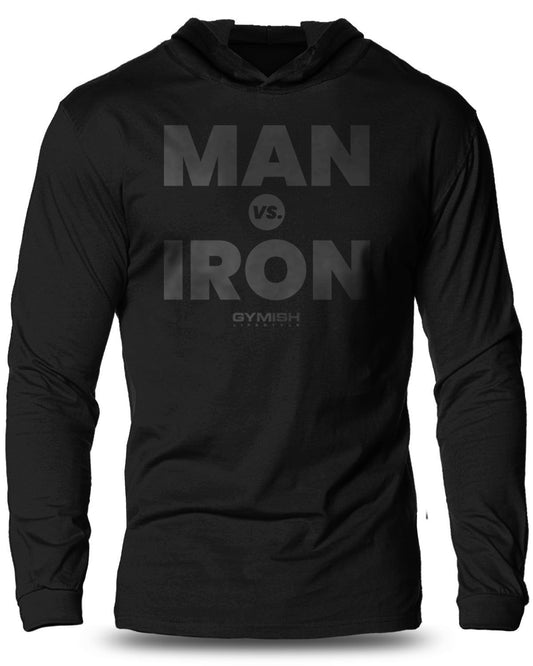 042- Man Vs. Iron Lightweight Long Sleeve Hooded T-shirt for Men - Gymish - - #Gym Shirts# - - #Workout T-Shirts#