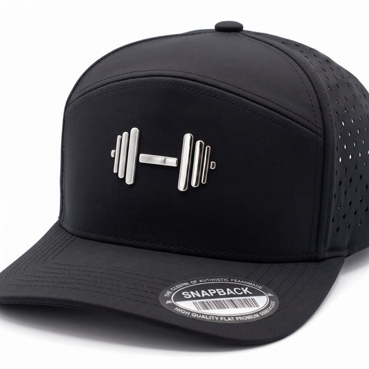 GYMISH Dumbbell Gym Hat for Men, Weight Plate Patch Snapback, 6 Panel Laser Vented Workout Cap