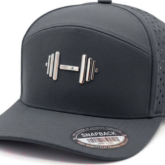 GYMISH Dumbbell Gym Hat for Men, Weight Plate Patch Snapback, 6 Panel Laser Vented Workout Cap