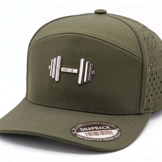 GYMISH Dumbbell Gym Hat for Men, Weight Plate Patch Snapback, 6 Panel Laser Vented Workout Cap