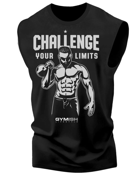 006. Challenge Your Limits Funny Workout Muscle Tank Top for Men Silver On Black T-Shirt GYMISH LIFESTYLE