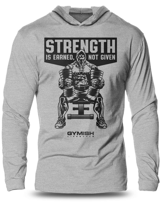 077- Strength Earned Lightweight Long Sleeve Hooded T-shirt for Men - Gymish - - #Gym Shirts# - - #Workout T-Shirts#