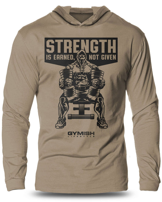 077- Strength Earned Lightweight Long Sleeve Hooded T-shirt for Men - Gymish - - #Gym Shirts# - - #Workout T-Shirts#