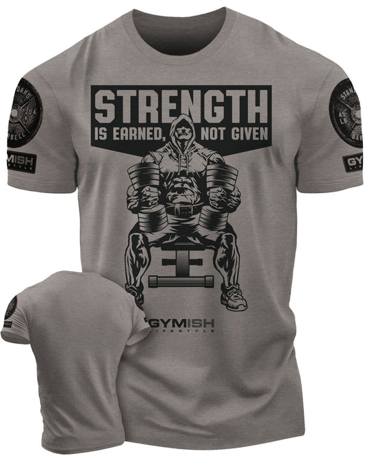 077. Strength Is Earned Not Given Funny Workout Gym T-Shirt for Men T-Shirt Warm Grey with Sleeve Logo T-Shirt GYMISH LIFESTYLE