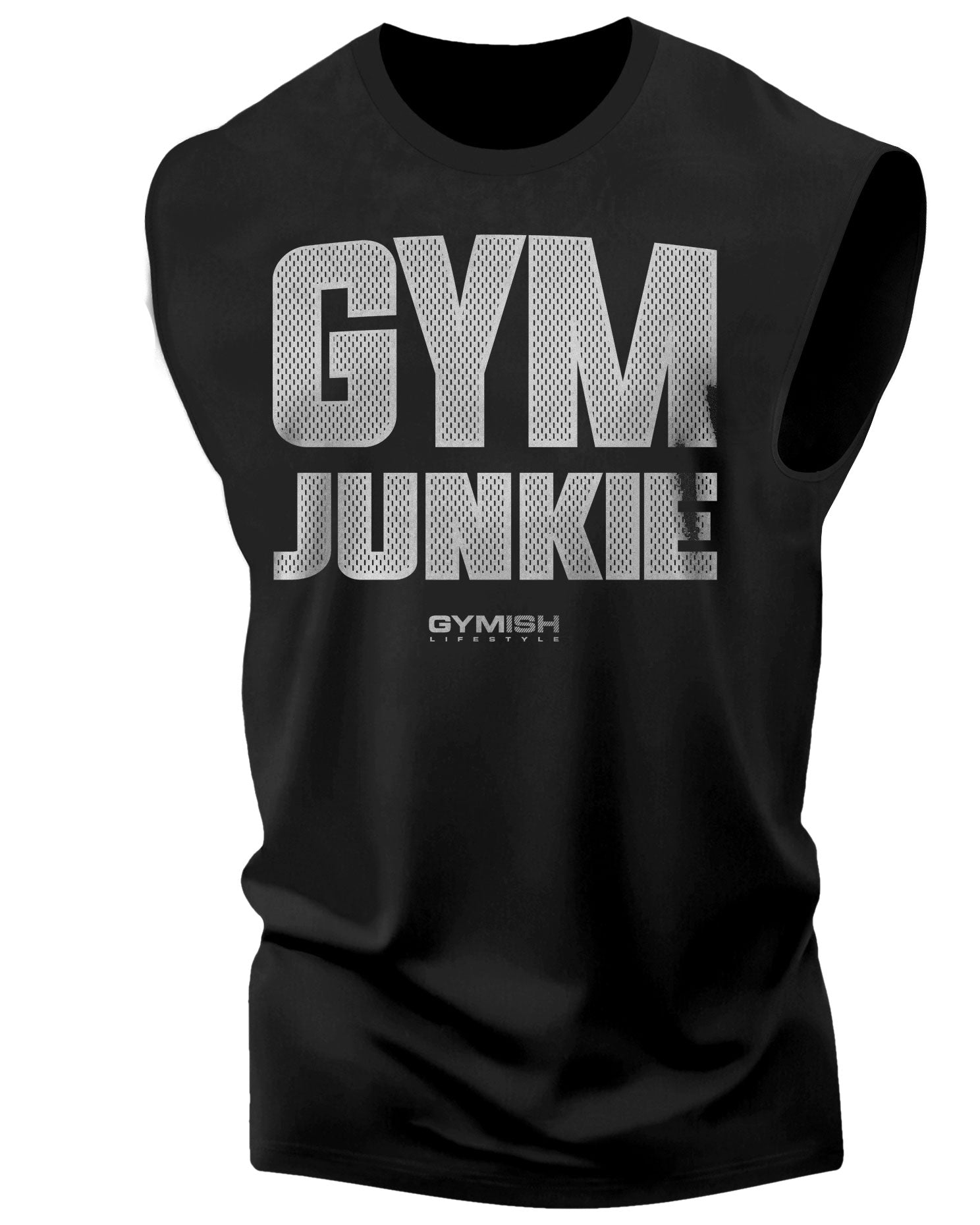 GYMISH Gym Junkie Funny Workout Muscle Tank Top for Men Silver On Black T-Shirt GYMISH LIFESTYLE