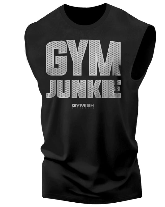 GYMISH Gym Junkie Funny Workout Muscle Tank Top for Men Silver On Black T-Shirt GYMISH LIFESTYLE