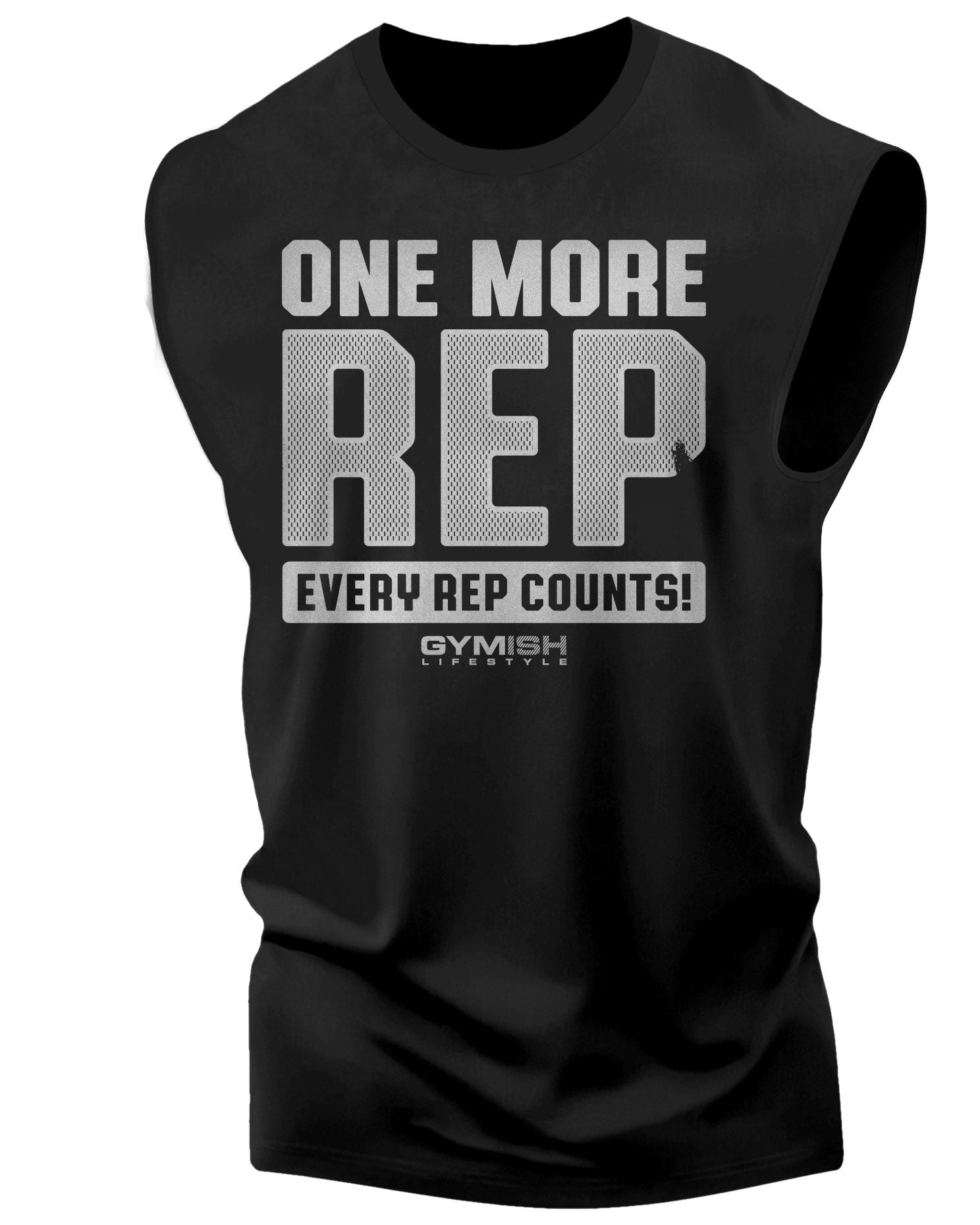 102. One More Rep Funny Workout Muscle Tank Top for Men Silver On Black T-Shirt GYMISH LIFESTYLE