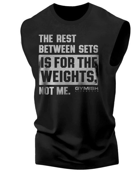 109. Rest Between Sets Workout Funny Muscle Tank Top for Men Silver On Black T-Shirt GYMISH LIFESTYLE