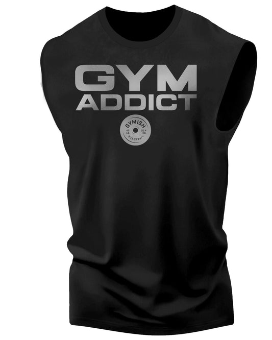 040. Gym Addict Funny Workout Muscle Tank Top for Men Silver On Black T-Shirt GYMISH LIFESTYLE