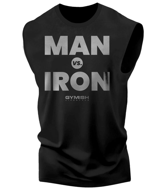 042. Man Vs. Iron Funny Workout Muscle Tank Top for Men Silver On Black T-Shirt GYMISH LIFESTYLE
