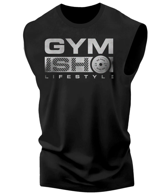 068. Gymish Lifestyle Funny Workout Muscle Tank Top for Men Silver On Black T-Shirt GYMISH LIFESTYLE
