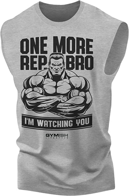 033. One More Rep, Bro! Funny Workout Muscle Tank Top for Men Heather Grey T-Shirt GYMISH LIFESTYLE