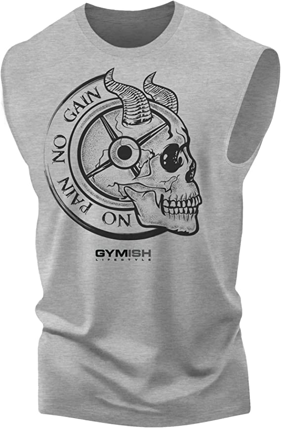 027. No Pain No Gain Funny Workout Muscle Tank Top for Men Heather Grey T-Shirt GYMISH LIFESTYLE