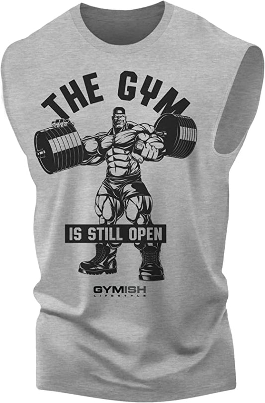 021. Gym is Still Open Workout Muscle Tank Top for Men Heather Grey T-Shirt GYMISH LIFESTYLE