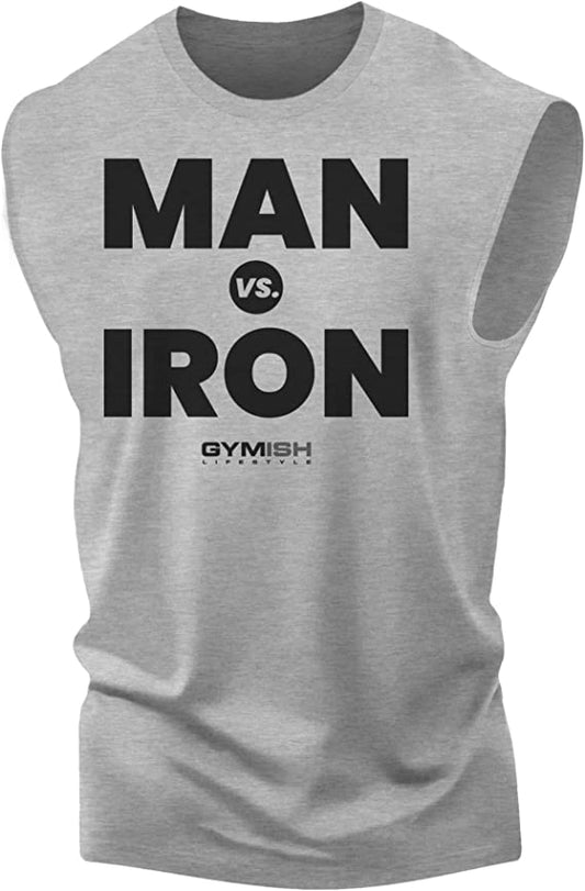 042. Man Vs. Iron Funny Workout Muscle Tank Top for Men Heather Grey T-Shirt GYMISH LIFESTYLE