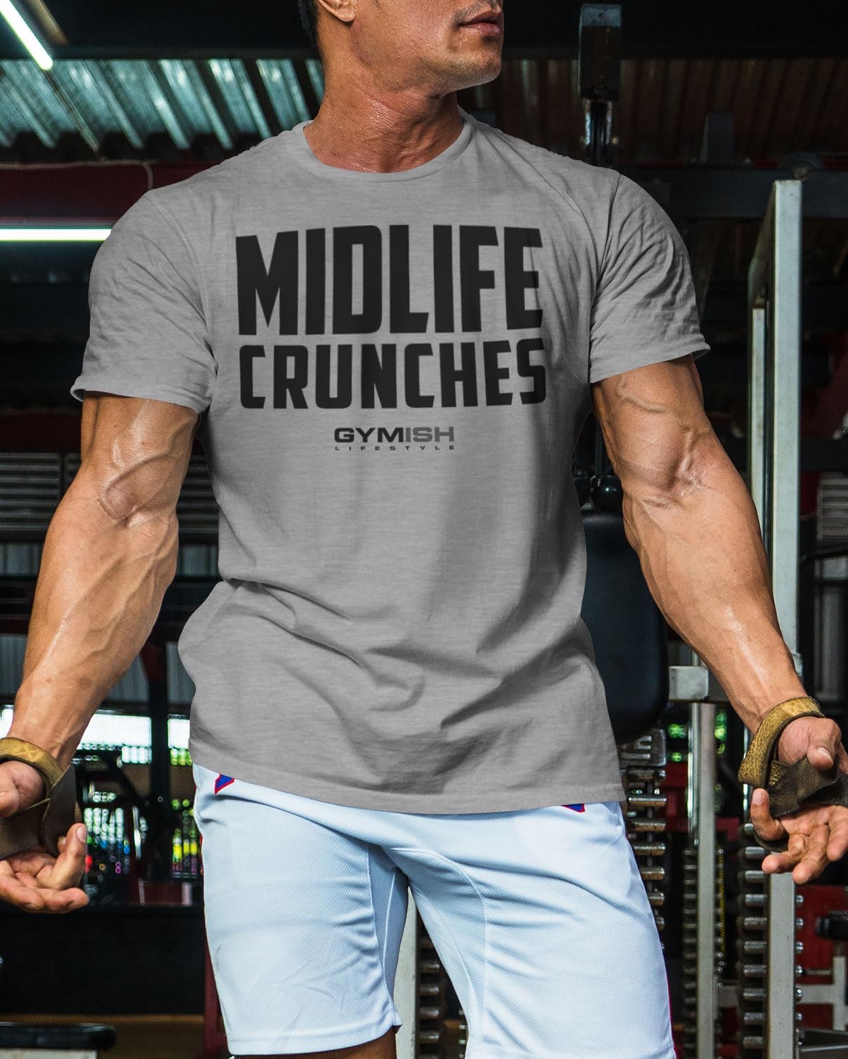 082. Gymish Lifestyle Midlife Crunches Funny Motivational Workout Gym T-shirts for Men