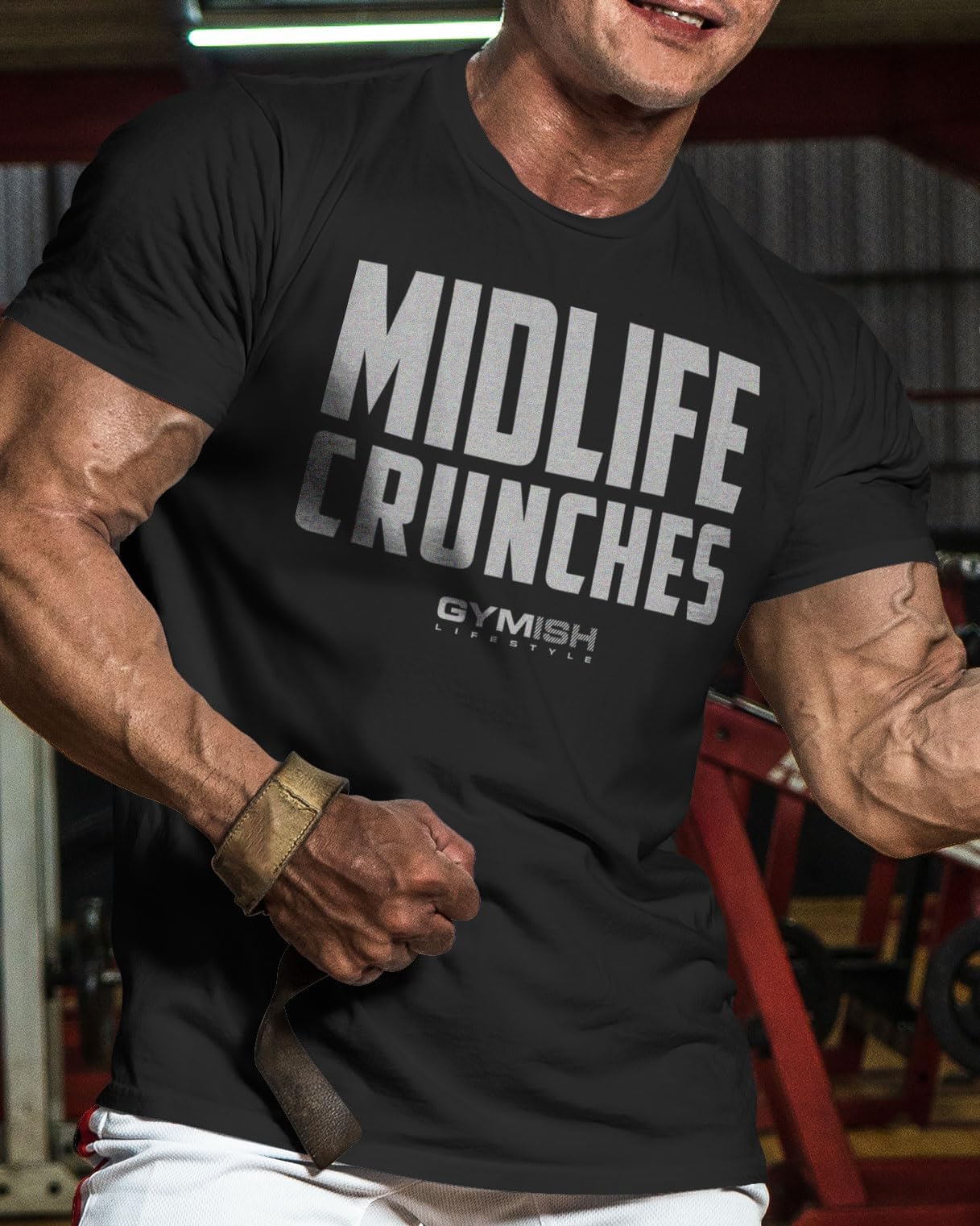 082. Gymish Lifestyle Midlife Crunches Funny Motivational Workout Gym T-shirts for Men