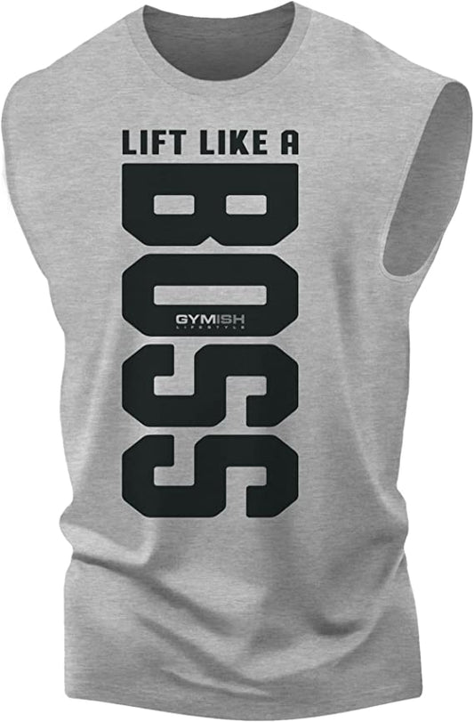 012. Lift Like A BOSS Funny Workout Muscle Tank Top for Men Heather Grey T-Shirt GYMISH LIFESTYLE