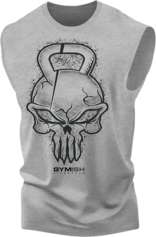 028. Gym Reaper Skull Funny Workout Muscle Tank Top for Men Heather Grey T-Shirt GYMISH LIFESTYLE