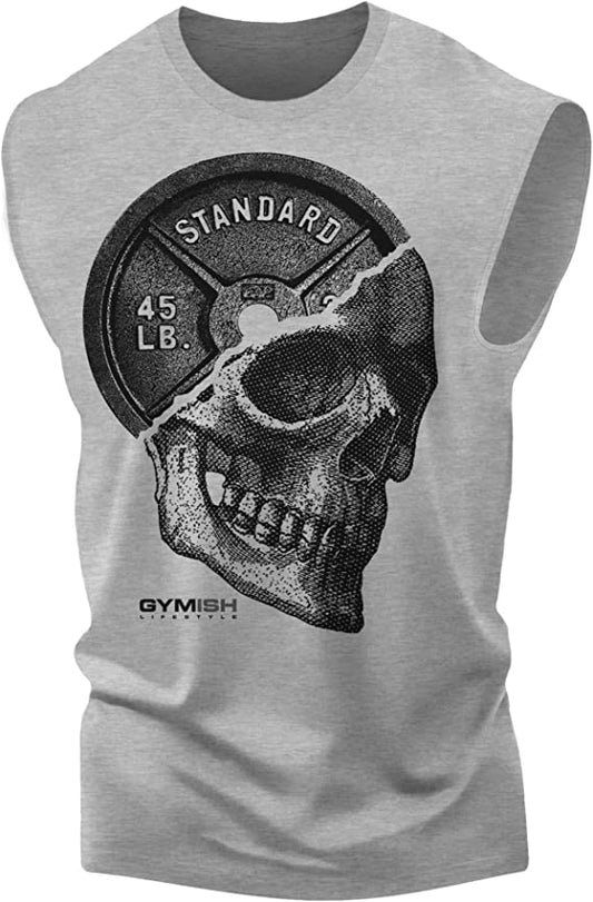 051. Skull Weight Plate Funny Workout Muscle Tank Top for Men Heather Grey T-Shirt GYMISH LIFESTYLE