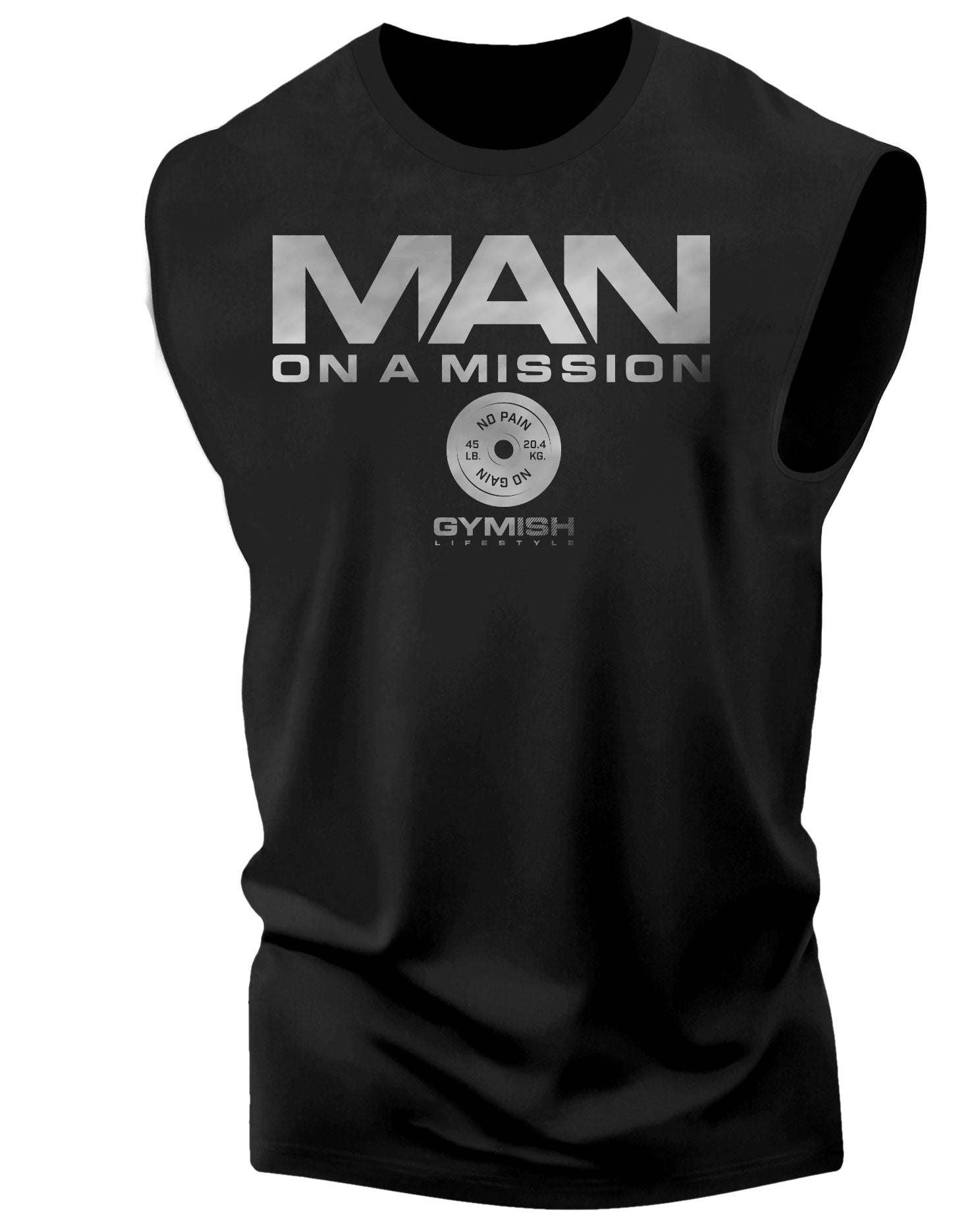 072. Man On a Mission Muscle Funny Workout Muscle Tank Top for Men Silver On Black T-Shirt GYMISH LIFESTYLE