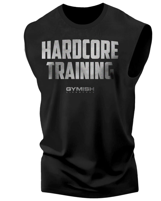 080. Hardcore Training Muscle Tank Top for Men Silver On Black T-Shirt GYMISH LIFESTYLE