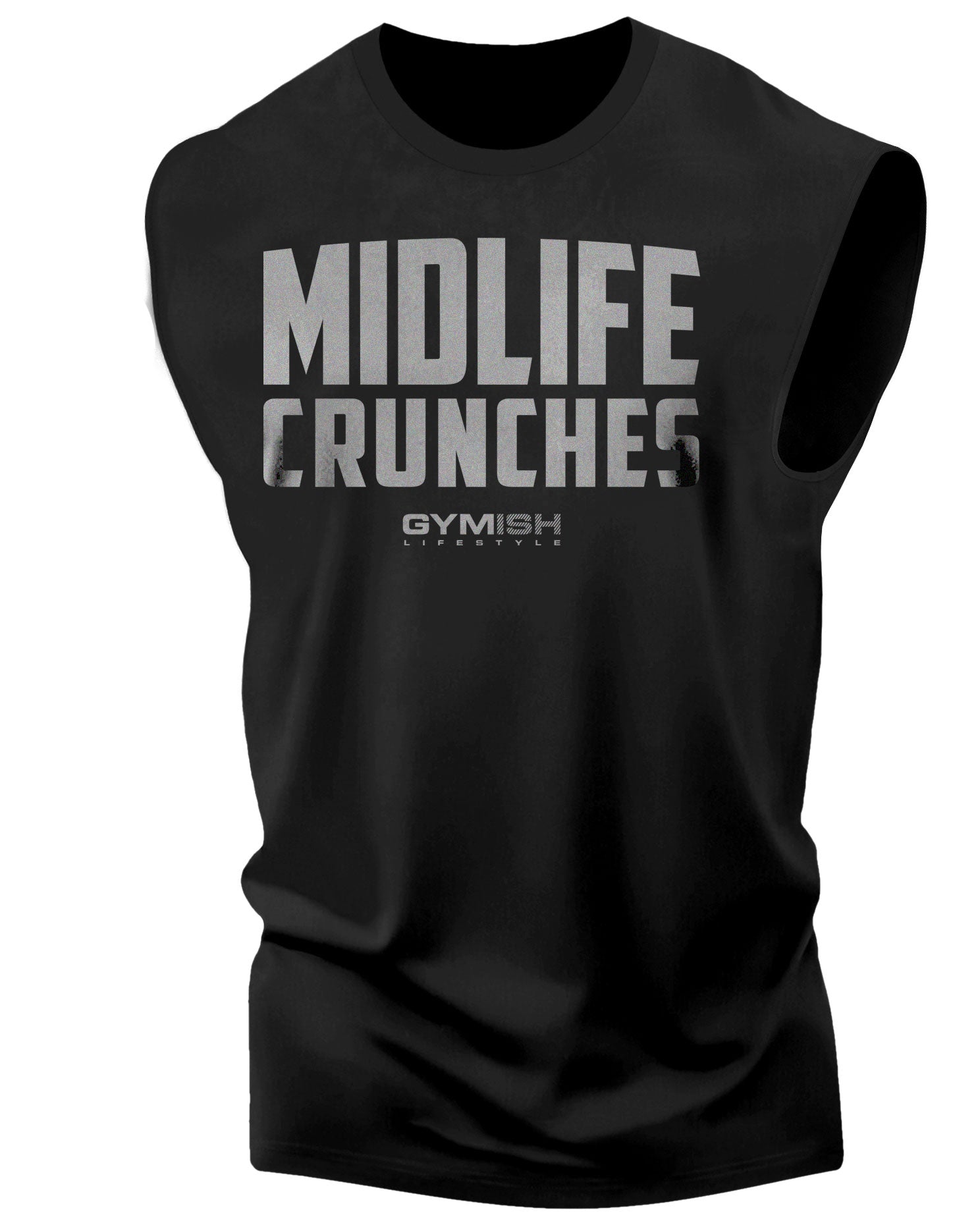 082. Midlife Crunches Workout Muscle Tank Top for Men Silver On Black T-Shirt GYMISH LIFESTYLE
