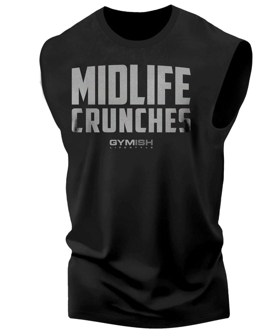 082. Midlife Crunches Workout Muscle Tank Top for Men Silver On Black T-Shirt GYMISH LIFESTYLE