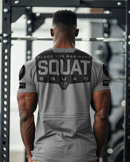 094. Squat Squad Rubber Back Design Gym Workout T-Shirt for Men