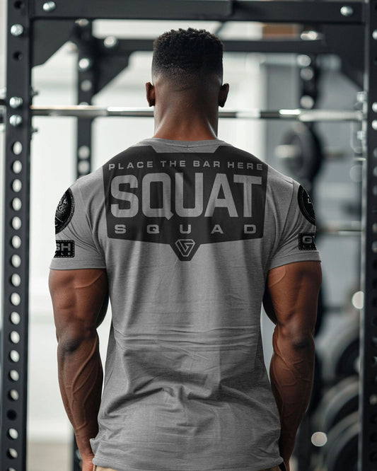 094. Squat Squad Rubber Back Design Funny Workout Gym T-Shirt for Men T-Shirt GYMISH LIFESTYLE