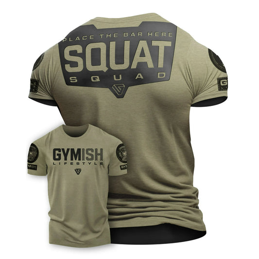 094. Squat Squad Rubber Back Design Funny Workout Gym T-Shirt for Men T-Shirt Military Green with Sleeve Logo T-Shirt GYMISH LIFESTYLE