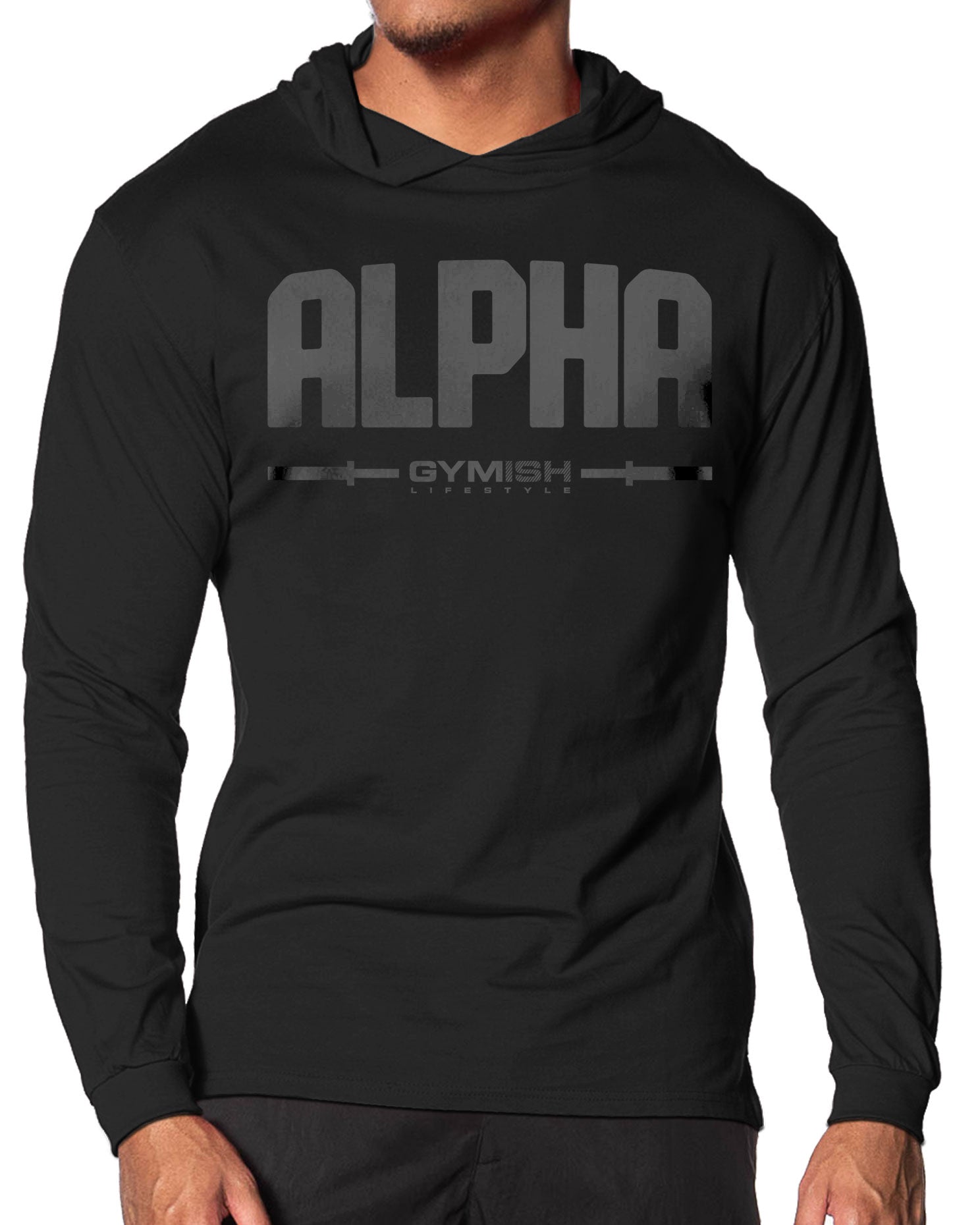 133. Alpha Lightweight Long Sleeve Hooded T-shirt for Men Black Hoodie T-Shirt GYMISH LIFESTYLE