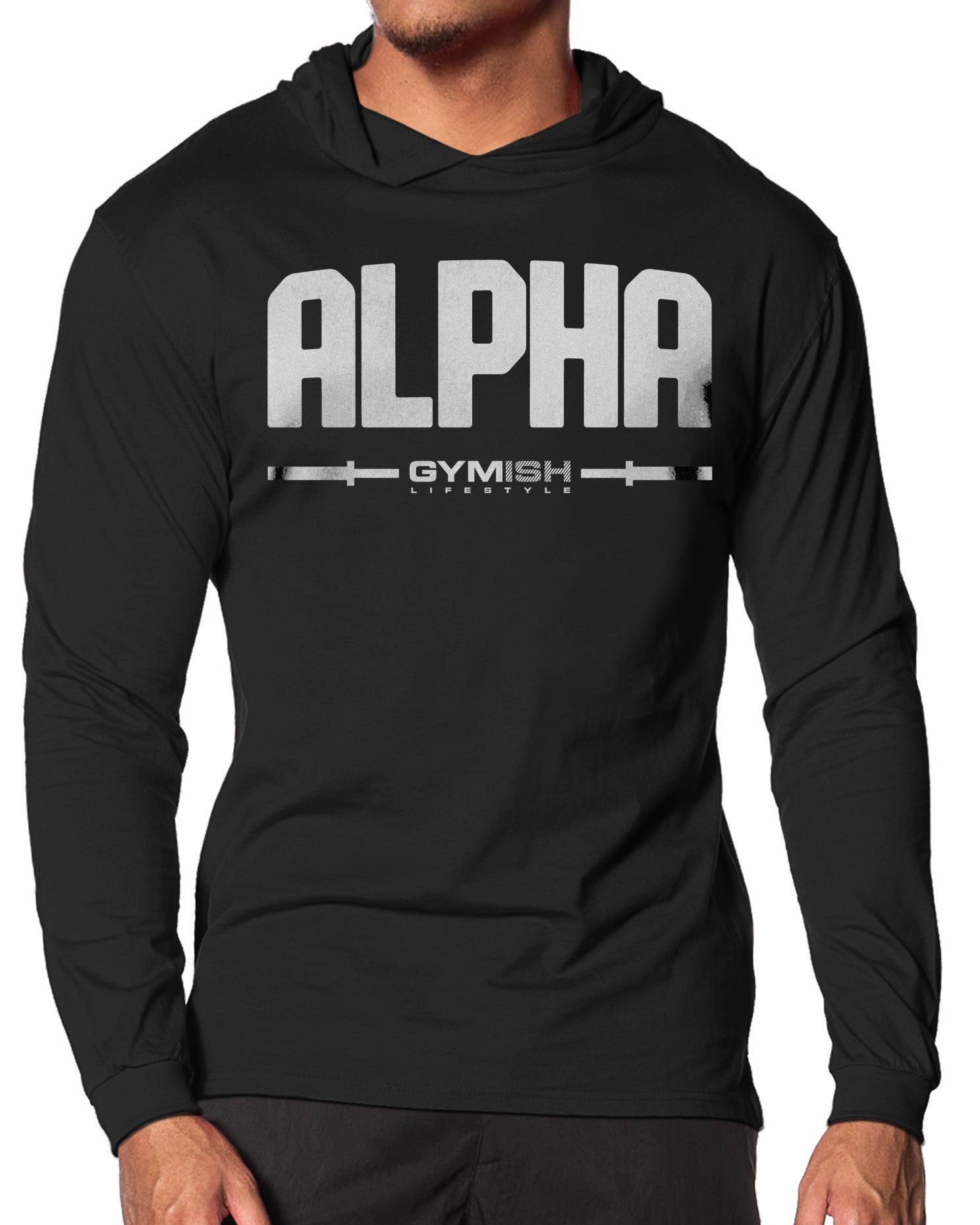133. Alpha Lightweight Long Sleeve Hooded T-shirt for Men Silver On Black Hoodie T-Shirt GYMISH LIFESTYLE