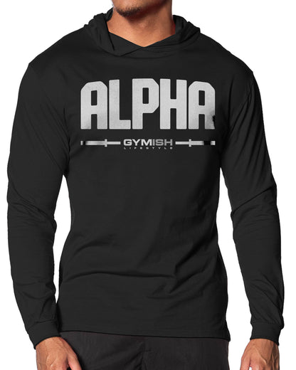 133. Alpha Lightweight Long Sleeve Hooded T-shirt for Men Silver On Black Hoodie T-Shirt GYMISH LIFESTYLE