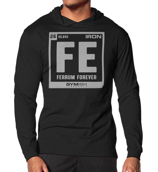 127. Ferrum Forever Lightweight Long Sleeve Hooded T-shirt for Men Silver On Black Hoodie T-Shirt GYMISH LIFESTYLE