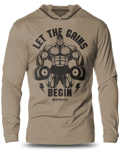 031- Let The Gains Begin Lightweight Long Sleeve Hooded T-shirt for Men