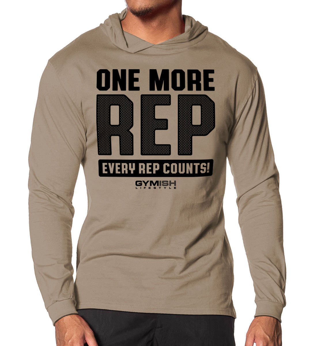 102. One More Rep Lightweight Long Sleeve Hooded T-shirt for Men Khaki Hoodie T-Shirt GYMISH LIFESTYLE