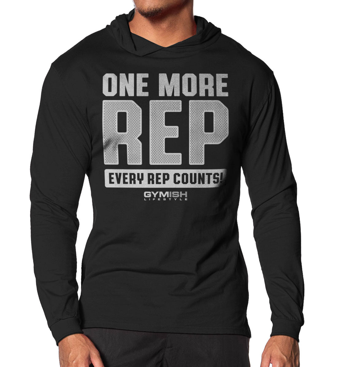 102. One More Rep Lightweight Long Sleeve Hooded T-shirt for Men Silver On Black Hoodie T-Shirt GYMISH LIFESTYLE