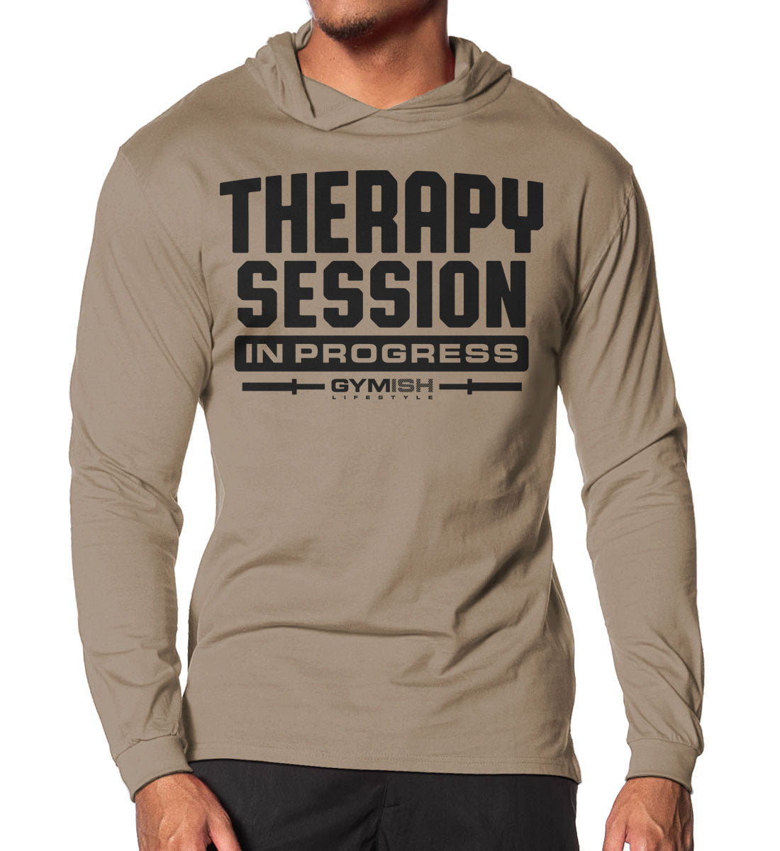 128. Therapy Session Lightweight Long Sleeve Hooded T-shirt for Men Khaki Hoodie T-Shirt GYMISH LIFESTYLE