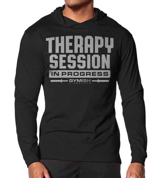 128. Therapy Session Lightweight Long Sleeve Hooded T-shirt for Men Silver On Black Hoodie T-Shirt GYMISH LIFESTYLE