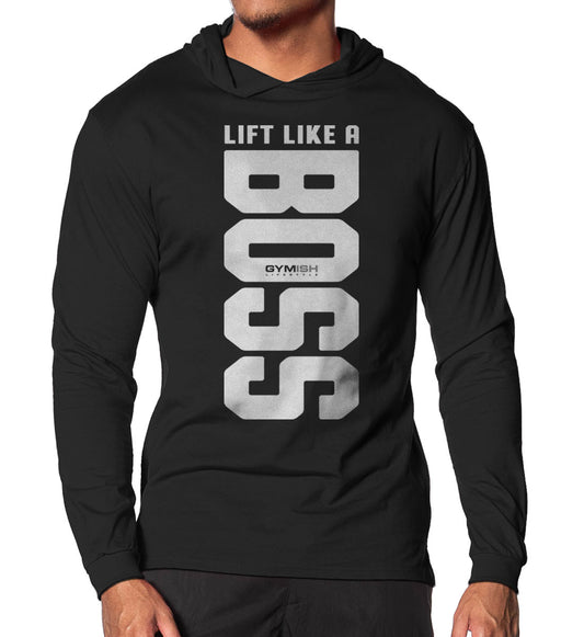 012. Lift Like A BOSS Lightweight Long Sleeve Hooded T-shirt for Men Silver On Black Hoodie T-Shirt GYMISH LIFESTYLE