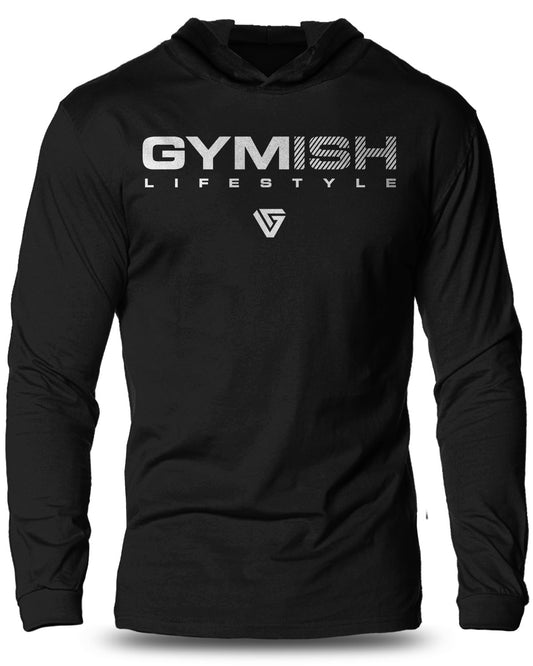 047. Gymish Lifestyle Lightweight Long Sleeve Hooded T-shirt for Men Silver On Black Hoodie T-Shirt GYMISH LIFESTYLE