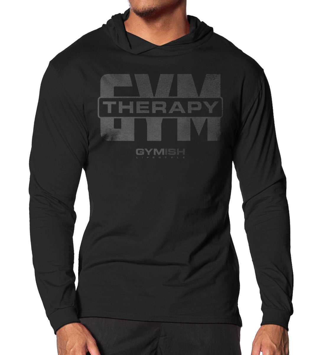 129. Gym Therapy V2 Lightweight Long Sleeve Hooded T-shirt for Men Black Hoodie T-Shirt GYMISH LIFESTYLE