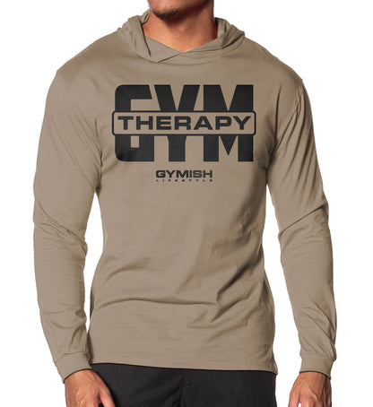 129. Gym Therapy V2 Lightweight Long Sleeve Hooded T-shirt for Men Khaki Hoodie T-Shirt GYMISH LIFESTYLE