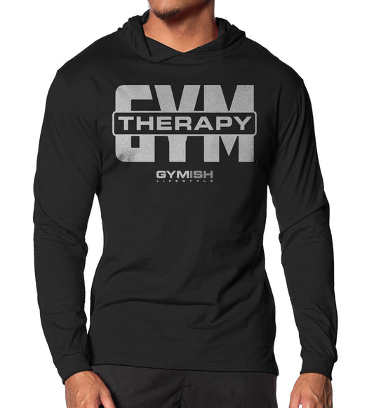 129. Gym Therapy V2 Lightweight Long Sleeve Hooded T-shirt for Men Silver On Black Hoodie T-Shirt GYMISH LIFESTYLE